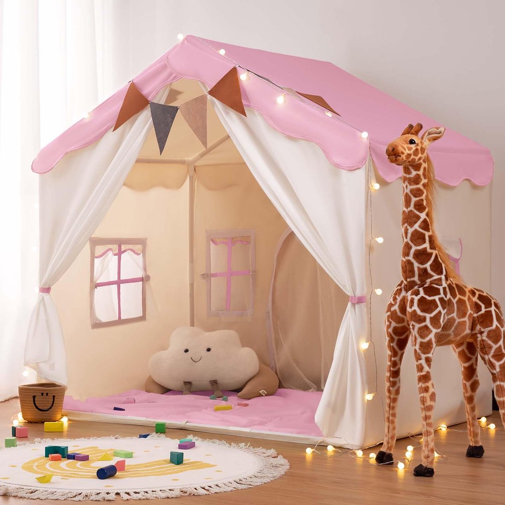 besrey Kids Tent, Kids Play Tent 2 in 1 with Padded Mat and Lights, Large Playhouse with 2 Doors & 4 Windows, Indoor & Outdoor, Christmas Toddler Playhouse, 51" x35" x 51" (Pink)