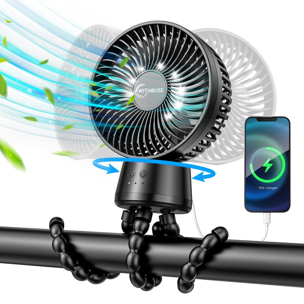 20000mAh Portable Stroller Fan, 120 Auto Oscillation, 3-IN-1 with Power Bank LED Light Detachable Flexible Tripod Rechargeable Battery Powered Clip On Fans Desk for Baby Crib Car Seat Travel