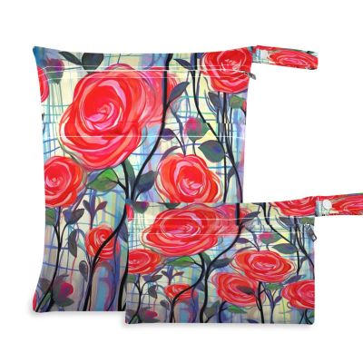 Wajiw 2pcs Wet Dry Bags Waterproof Reusable Wet Dry Bags for Travel,Dirty Gym Clothes and Toiletries,Flower Painting