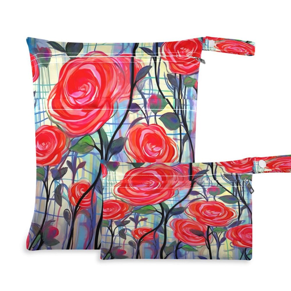 Wajiw 2pcs Wet Dry Bags Waterproof Reusable Wet Dry Bags for Travel,Dirty Gym Clothes and Toiletries,Flower Painting