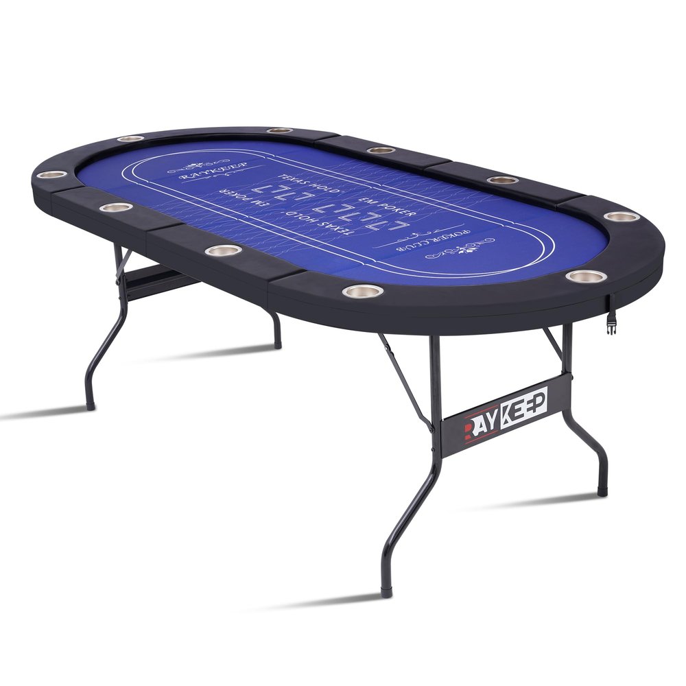 RAYKEEP 10 Player Poker Table Foldable, 84" Folding Blackjack Texas Holdem Table, Portable Casino Leisure Card Board Game Table with Cup Holders and Padded Rails for Game Room (Black)