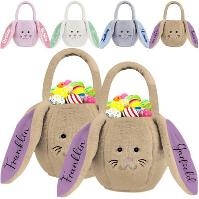 Personalized Bunny Easter Basket for Boys Girls Custom Name Plush Easter Egg Bag with Handle Customized Candy Bucket Gift for Easter