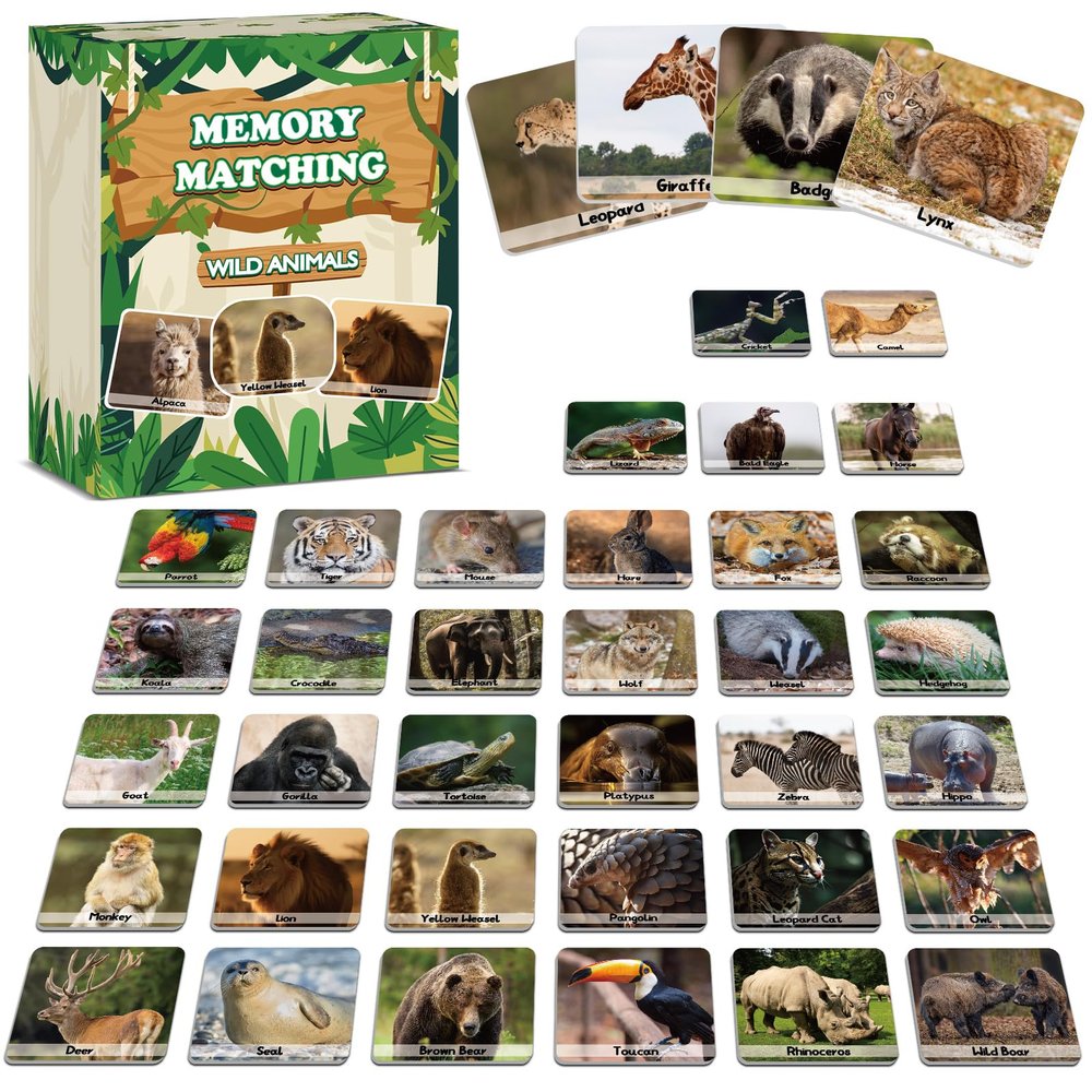 gisgfim 50 Pairs Memory Matching Game Wild Animals Concentration Memory Card Matching Games