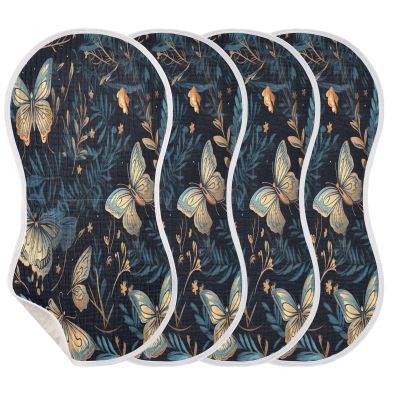 Wassud Gold Blue Butterfly Muslin Baby Burp Cloths 4 Pack, Cotton Bibs Face Towel,Absorbent and Soft Burping Rags for Newborn Boys and Girls,22 x 11 Inch