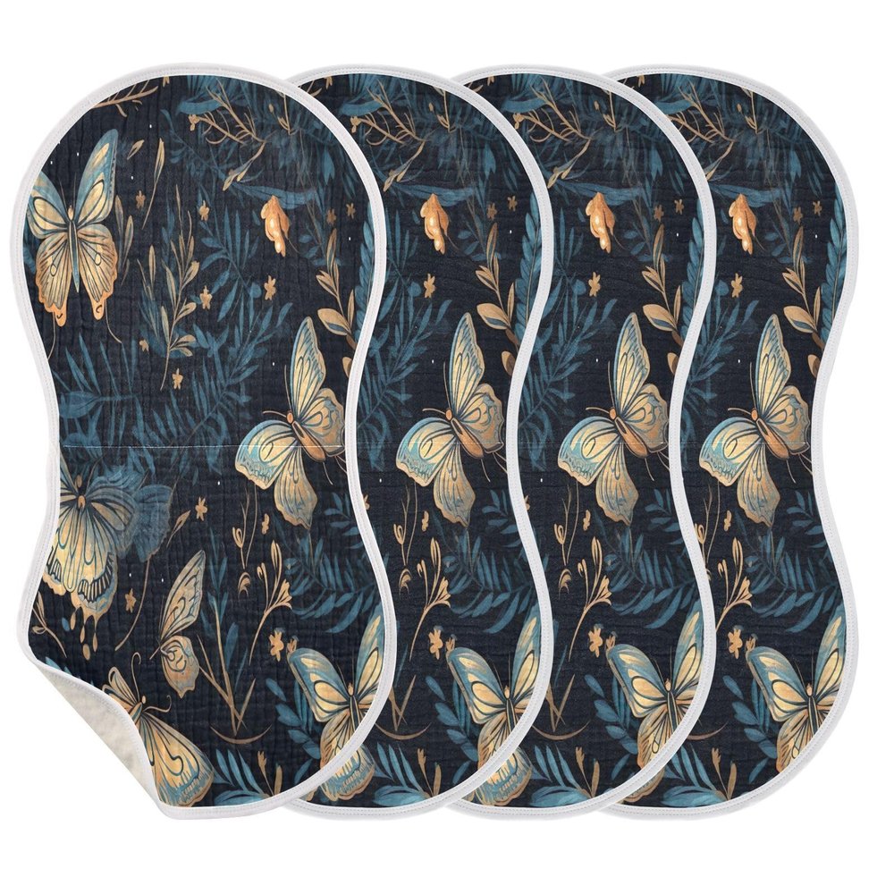 Wassud Gold Blue Butterfly Muslin Baby Burp Cloths 4 Pack, Cotton Bibs Face Towel,Absorbent and Soft Burping Rags for Newborn Boys and Girls,22 x 11 Inch