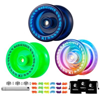 MAGICYOYO Pack of 3 Yoyos for Kids Beginner, K1-Plus Responsive YoYos with 3 Yoyo Bags,3 Unresponsive Bearings, 18 Yoyo Strings, All in A Gift Box (Dark Blue +Green + Blue Pink Yellow)