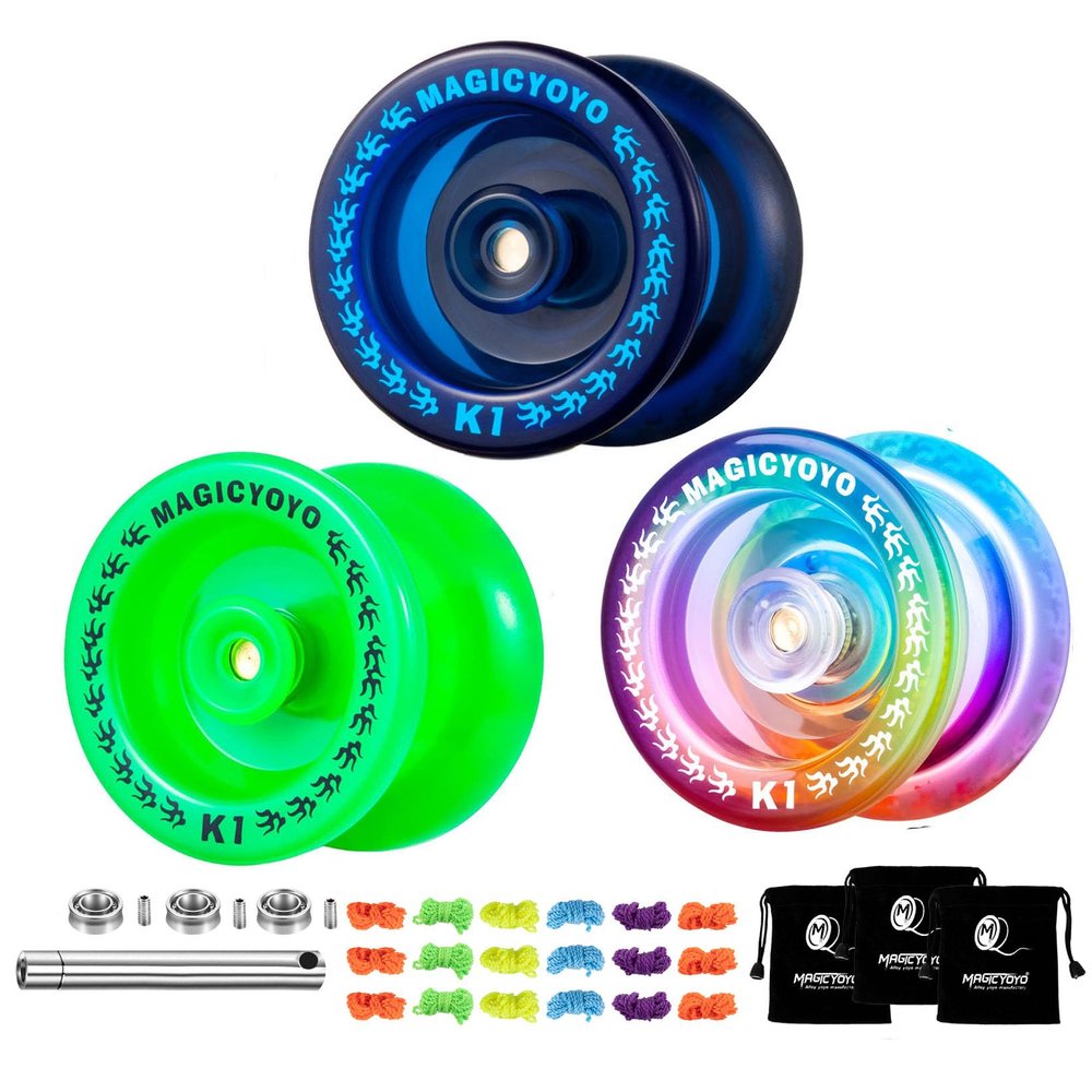 MAGICYOYO Pack of 3 Yoyos for Kids Beginner, K1-Plus Responsive YoYos with 3 Yoyo Bags,3 Unresponsive Bearings, 18 Yoyo Strings, All in A Gift Box (Dark Blue +Green + Blue Pink Yellow)