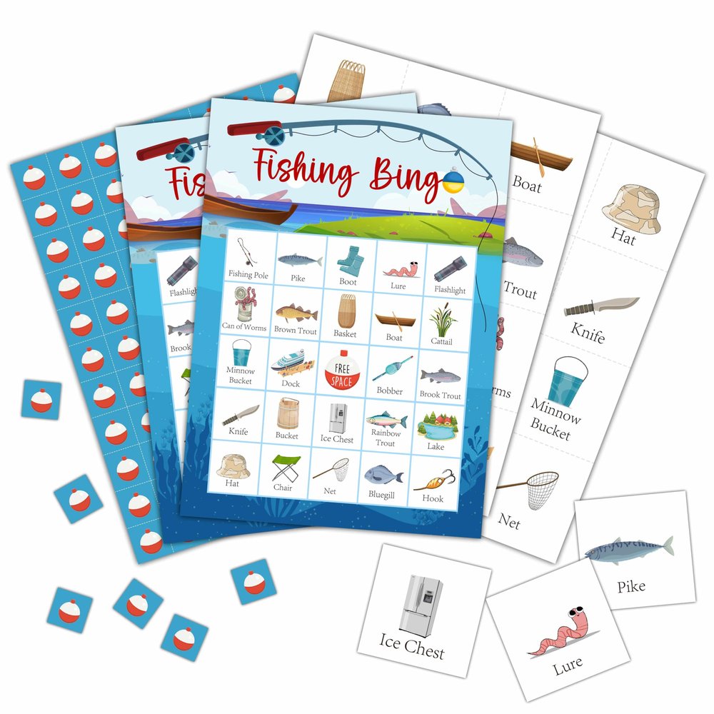 Foosproea Fishing Bingo Cards, Camp Let's Go Fishing Bingo Games for 24 Players, Camping Party Games for Family Friends Large Group Activities, Fishing Party Favors Supplies Decorations(30)