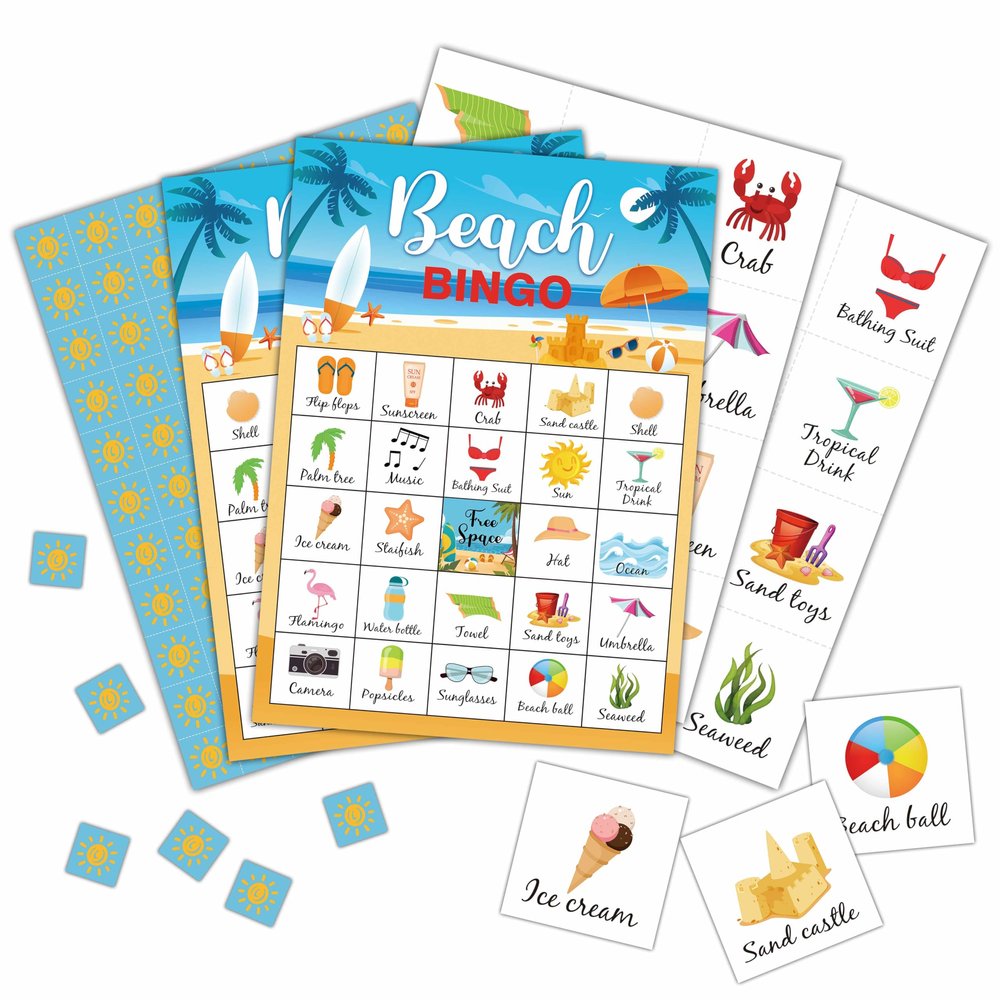Foosproea Beach Party Bingo Cards, Summer Bingo Games for 24 Players, Pool Party Games for Family Friends Large Group Activities, Beach Party Favors Supplies Decorations(33)