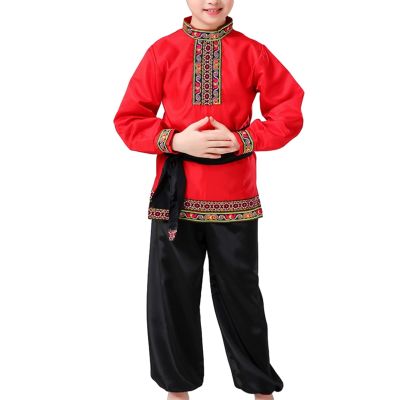 Boys 2 Piece Russian Dance Outfits Performance Costume Traditional Dancewear with Belt, Red, 180cm