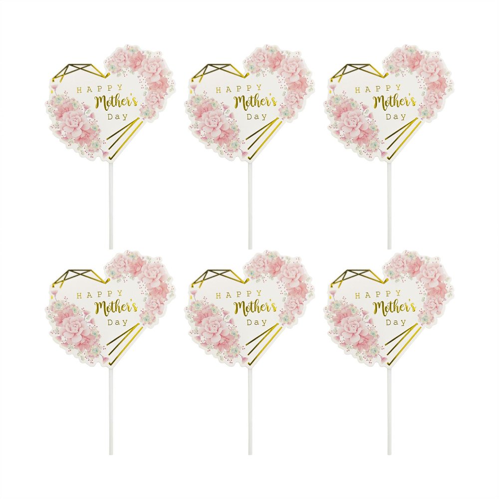 12pcs Happy Mother's Day Cake Toppers Flower Heart Paper Cake Picks Cake Decoration for Birthday Mother's Day Party Supplies