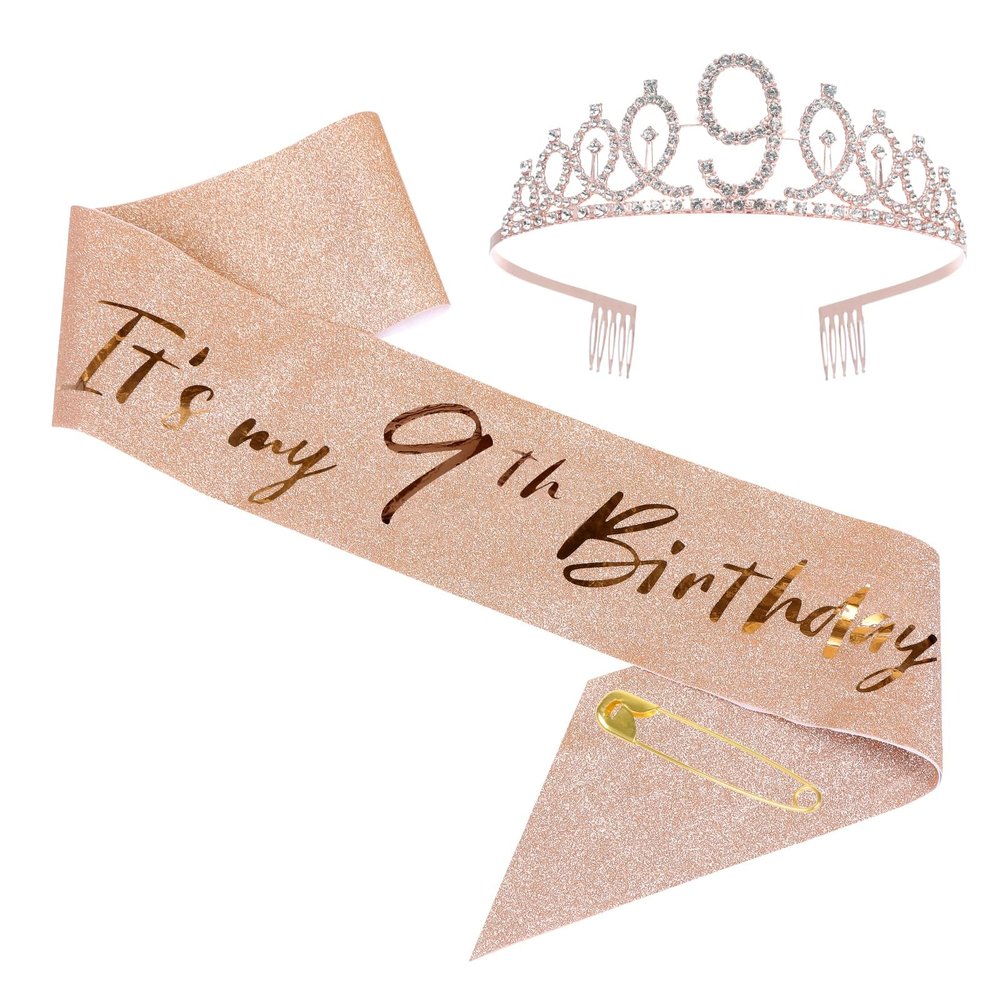 9th girls Birthday Sash and Tiara Set Rose Gold Birthday Sash Crown Birthday Party Favors Supplies for girls Party