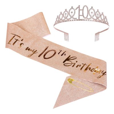 10th girls Birthday Sash and Tiara Set Rose Gold Birthday Sash Crown Party Favors Supplies for girls Party