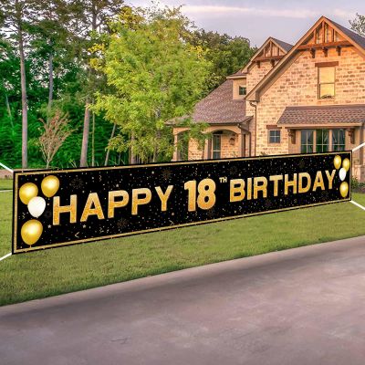 18th Birthday Decorations for Boys Girls - 10ft Black Gold 18th Party Decorations - Durable Yard Fence Wall Sign & Photo Booth Backdrop - Happy 18th Birthday Banner (118" x 20")