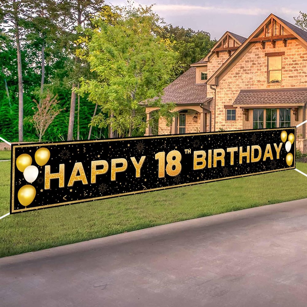 18th Birthday Decorations for Boys Girls - 10ft Black Gold 18th Party Decorations - Durable Yard Fence Wall Sign & Photo Booth Backdrop - Happy 18th Birthday Banner (118" x 20")