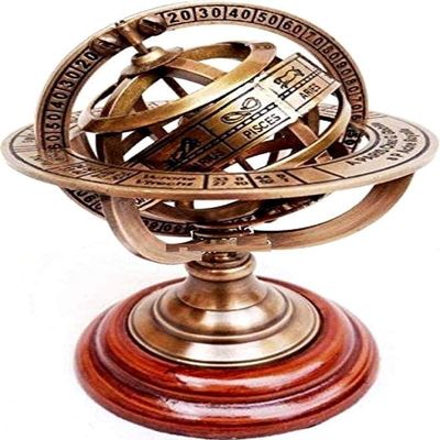 Brass Armillary Sphere Astrolabe On Wooden Base Maritime Nautical & Collectible Rustic Vintage Home Decor
