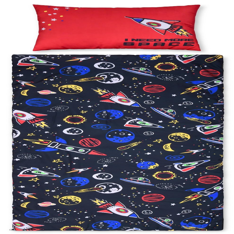 iscream Bold Print Cozy Silky Soft Fleece Lined Sleeping Bag and Pillow Set for Kids - Out of This World