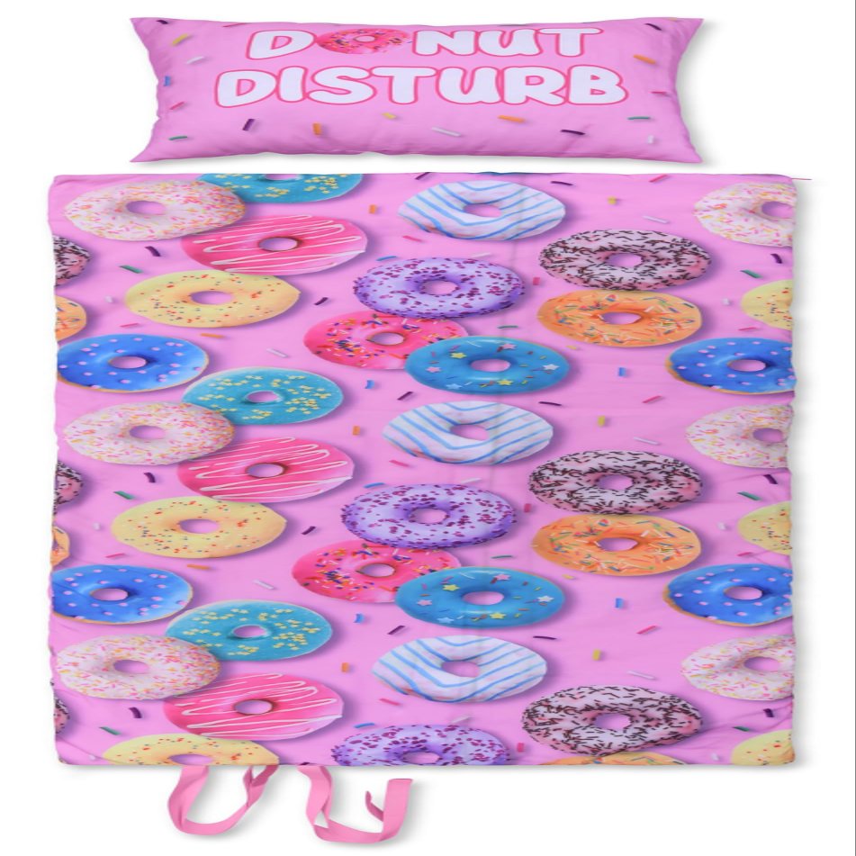 iscream Yummy Print Cozy Silky Soft Fleece Lined Sleeping Bag and Pillow Set for Kids - Go Do-Nuts