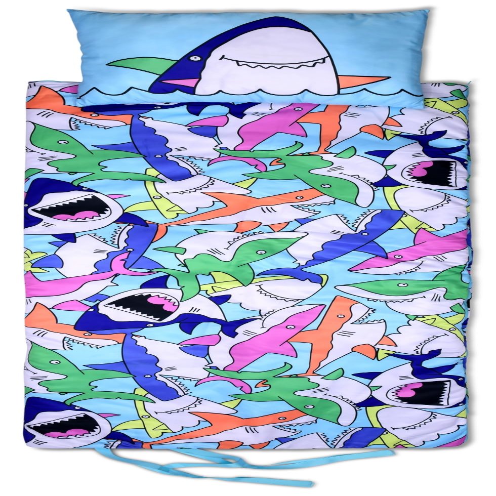 iscream Fun Print Cozy Silky Soft Fleece Lined Sleeping Bag and Pillow Set for Kids - Sharks Ahoy