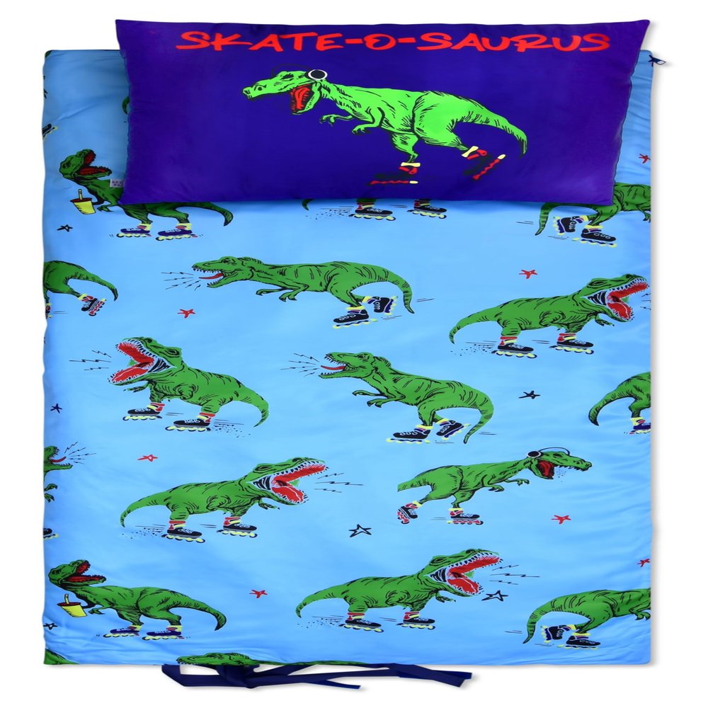 iscream Fun Print Cozy Silky Soft Fleece Lined Sleeping Bag and Pillow Set for Kids - Dinos on a Roll