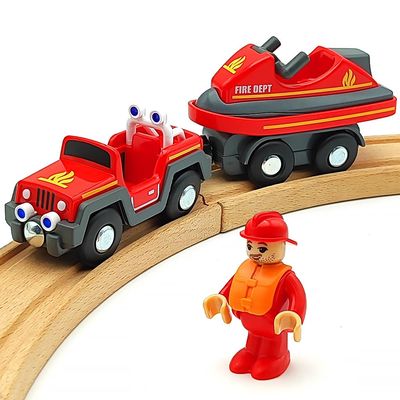 Wooden Train Cars Track Accessories Set Rescue Fire Truck with Light and Sound Small Vehicles Magnetic Train Cars Fit for Wooden Train Track Railway for Boys and Girls (Fireboat)