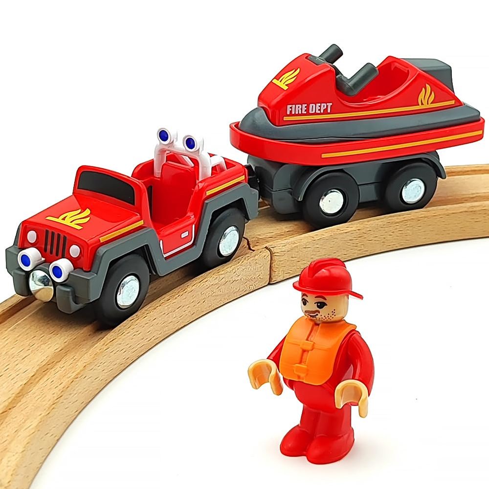 Wooden Train Cars Track Accessories Set Rescue Fire Truck with Light and Sound Small Vehicles Magnetic Train Cars Fit for Wooden Train Track Railway for Boys and Girls (Fireboat)