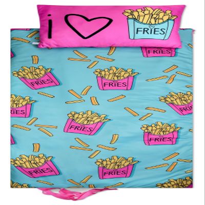 iscream Yummy Print Cozy Silky Soft Fleece Lined Sleeping Bag and Pillow Set for Kids - I Heart Fries