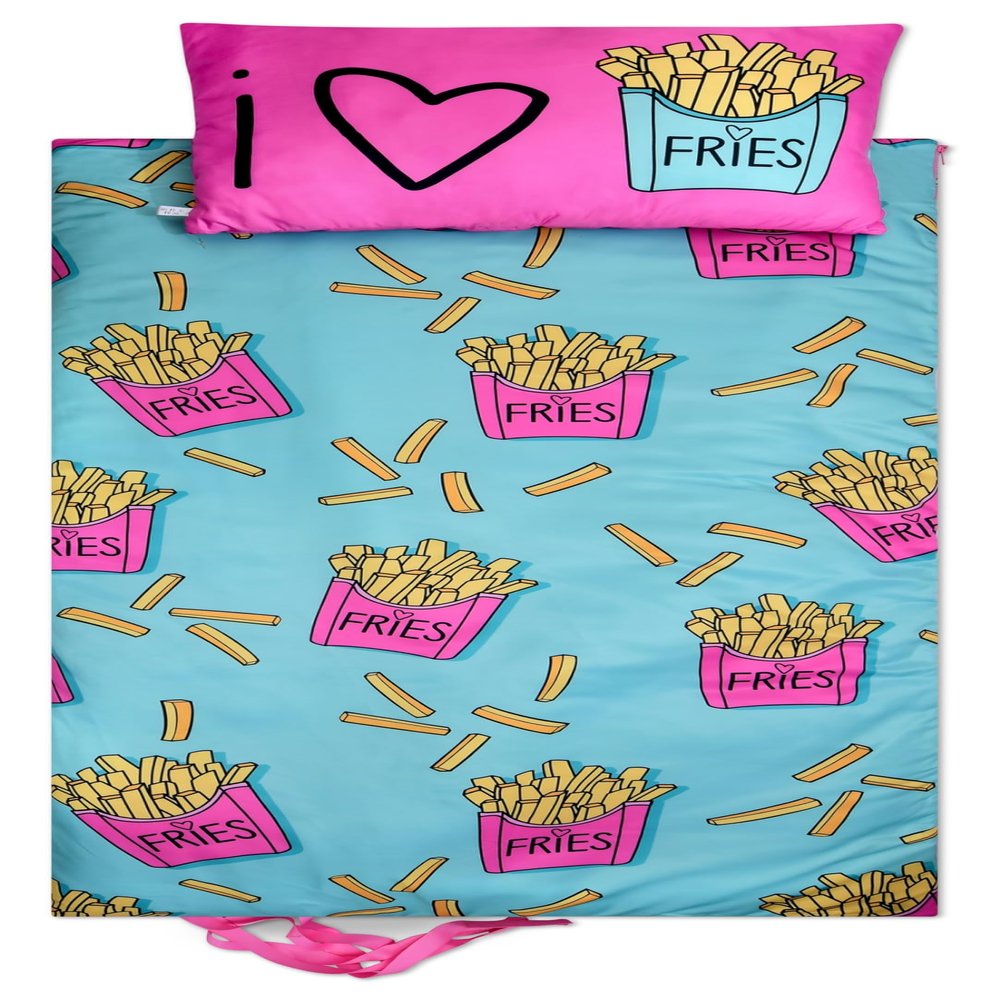iscream Yummy Print Cozy Silky Soft Fleece Lined Sleeping Bag and Pillow Set for Kids - I Heart Fries