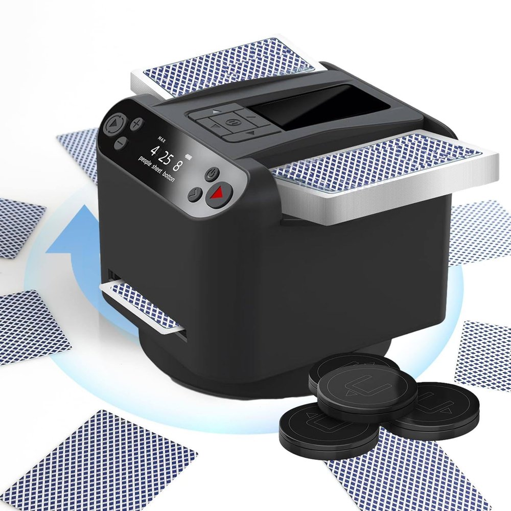 DSPDVWOW Automatic Card Dealer and Mixer, Card Shuffler, 360 Rotating Card Dealer, Rotating Card Output Machine with 4 Wireless Card Dealer Buttons,Black