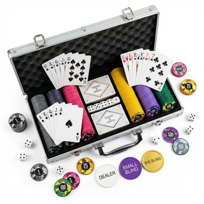 HEITOK Poker Chips Set with Denominations, 300pcs 11.5g Professional Numbered Chips with Aluminum Case Includes 5 Dice & 2 Decks of Pokers for Texas Hold'em