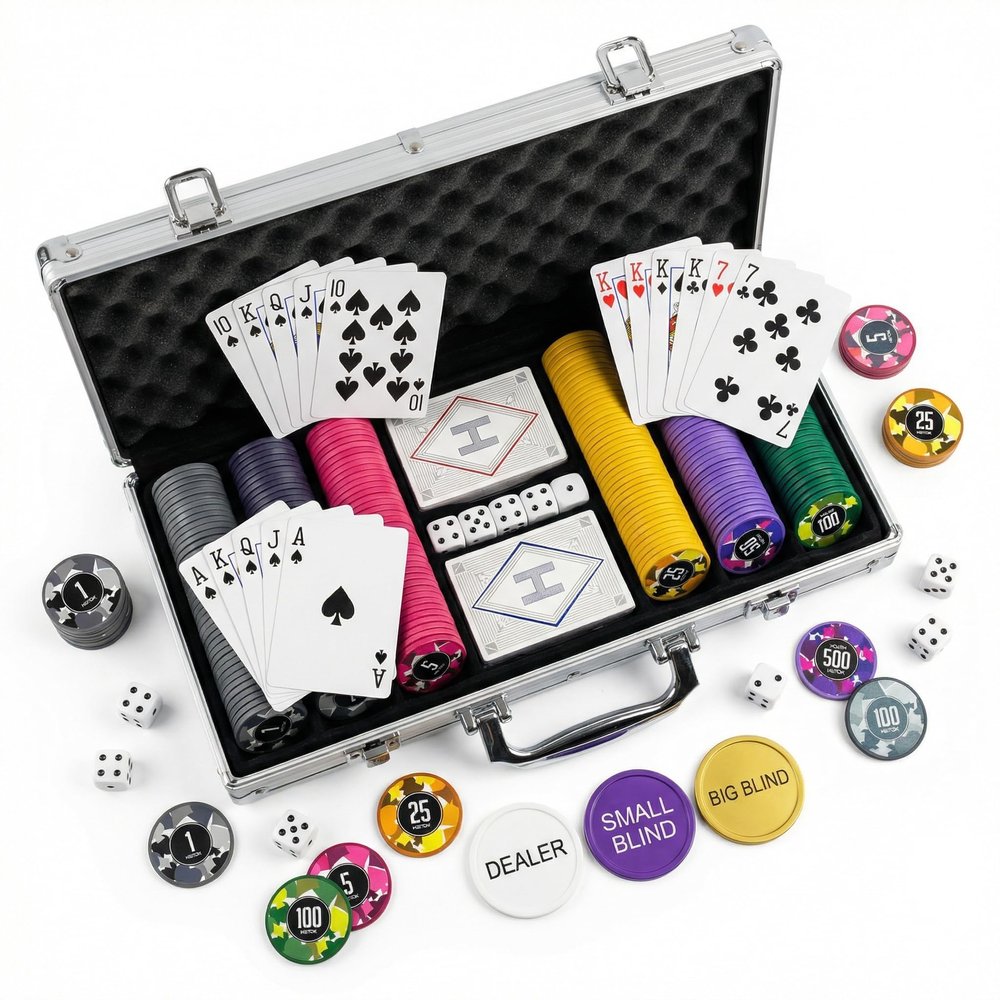 HEITOK Poker Chips Set with Denominations, 300pcs 11.5g Professional Numbered Chips with Aluminum Case Includes 5 Dice & 2 Decks of Pokers for Texas Hold'em