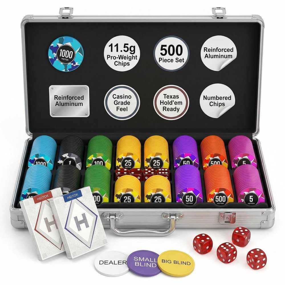 HEITOK 500 Piece Poker Chip Set - 11.5g Heavyweight Numbered Chips with Aluminum Case, Metal Dealer Button, 2 Decks Cards - Professional Casino Grade Texas Holdem Set for Adult Game Night