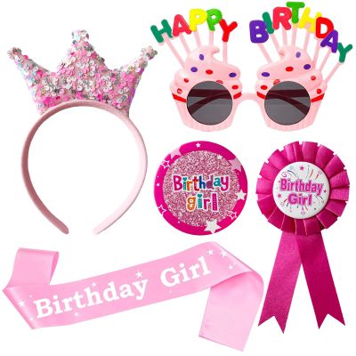 YumSur Personalised Birthday Party Dress-Up Set - Crown, Tiara, Birthday Girl Badge, Sash, Ribbon Medal for Girls, Kids, and Adults
