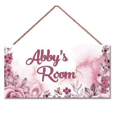 Personalized Pink Flower Floral Kids Room Door Sign Custom Name Boys Girls Bedroom Decor Wall Art Toddler Baby Nursery Wood Plaque
