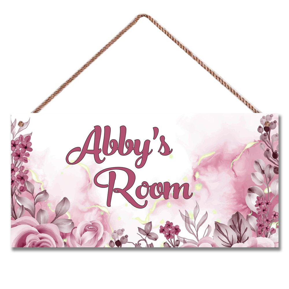 Personalized Pink Flower Floral Kids Room Door Sign Custom Name Boys Girls Bedroom Decor Wall Art Toddler Baby Nursery Wood Plaque
