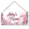 Personalized Pink Flower Floral Kids Room Door Sign Custom Name Boys Girls Bedroom Decor Wall Art Toddler Baby Nursery Wood Plaque view 1