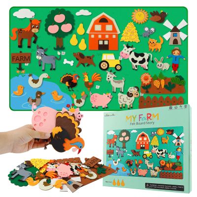 Farm Animals Felt Board Story Set for Toddlers, Preschool Learning Activity Kit with Sewn Hook Fasteners, Interactive Sensory Toys for Boys and Girls Birthday Gift - 4ft Flannel, 43 Pieces