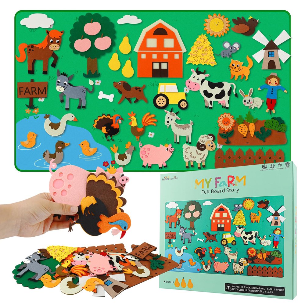 Farm Animals Felt Board Story Set for Toddlers, Preschool Learning Activity Kit with Sewn Hook Fasteners, Interactive Sensory Toys for Boys and Girls Birthday Gift - 4ft Flannel, 43 Pieces