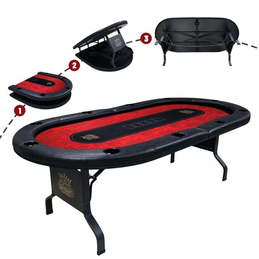 GUTSHOT Foldable Poker Table for 10 Players - Premium Soft-Padded Armrest, Individual Cup Holders, Portable Mat - Crafted with Durable Materials, Long-Lasting Poker Table (Red)