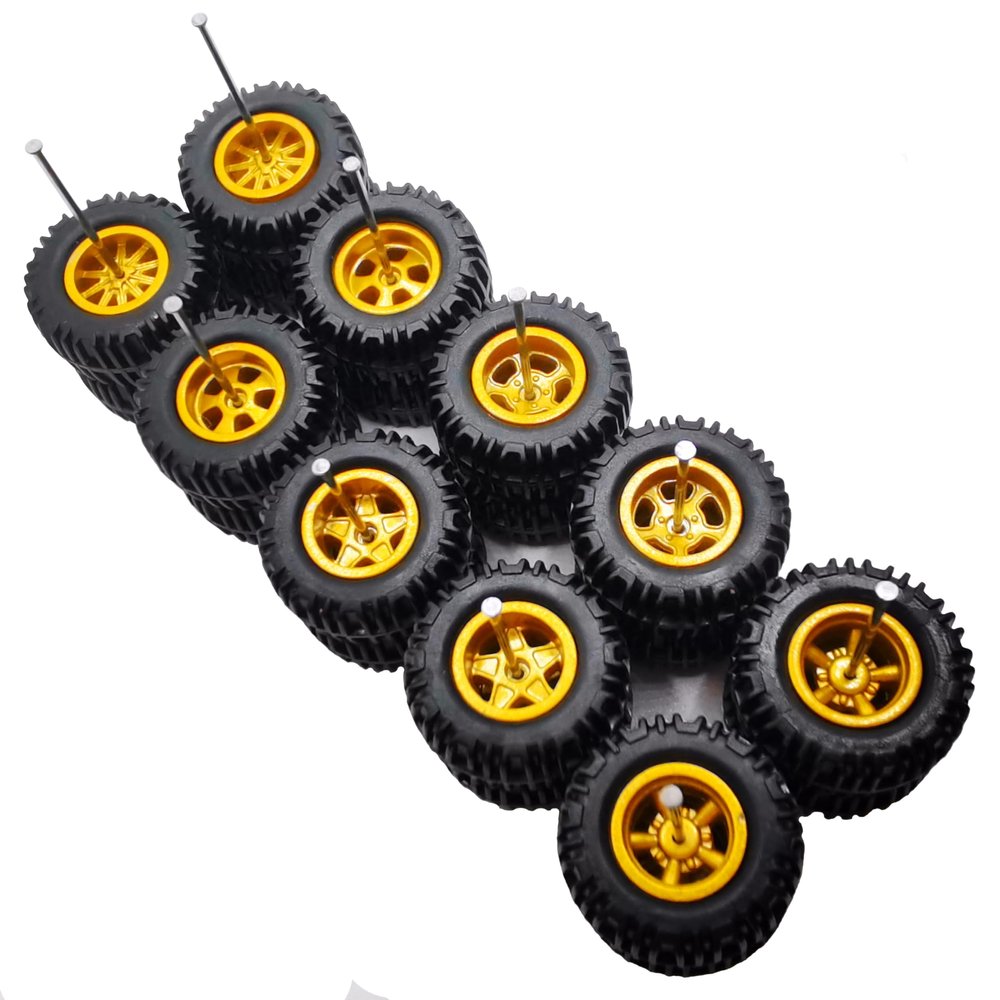 10 Set 1/64 Off Road Wheels, 1:64 Scale Wheels and Tires Set Large Trucks Off-Road Modified Tire with 5 Styles Rims(Tire Diameter 0.68in/17.2mm) (Gold)