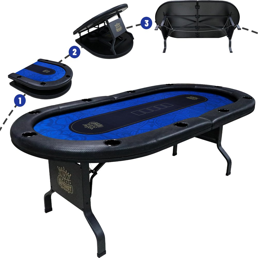 GUTSHOT Foldable Poker Table for 10 Players - Premium Soft-Padded Armrest, Individual Cup Holders, Portable Mat - Crafted with Durable Materials, Long-Lasting Poker Table (Blue)
