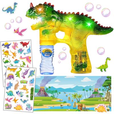 Upgraded Dinosaur Bubble Gun Leak-Free Automatic Bubble Blower & Maker for Toddlers & Kids | Dino Activity Book with Reusable Stickers | Ready to Play Includes Batteries & Bubble Solution
