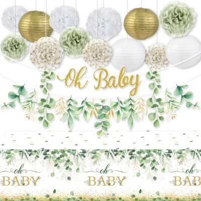 Chunnin Sage Green Gold Baby Shower Decorations Sage Green Oh Baby Banner Paper Lanterns Tissue Pom Poms Eucalyptus Leaf Tablecloth for Boy Girl Gender Reveal Boho Greenery Party Supplies