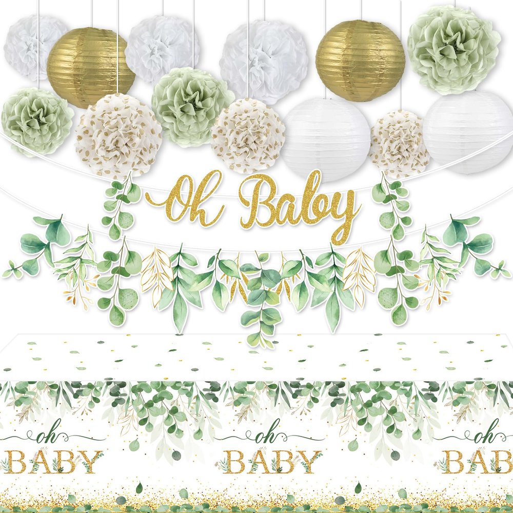 Chunnin Sage Green Gold Baby Shower Decorations Sage Green Oh Baby Banner Paper Lanterns Tissue Pom Poms Eucalyptus Leaf Tablecloth for Boy Girl Gender Reveal Boho Greenery Party Supplies