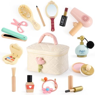 Atoylink Wooden Makeup Toy Set, 15Pcs Hair Salon Girl Toys Toddler Pretend Play Makeup Kit with Plush Makeup Bag Princess Beauty Realistic Accessories for Girls Age 3 4 5 6 Birthday Gifts