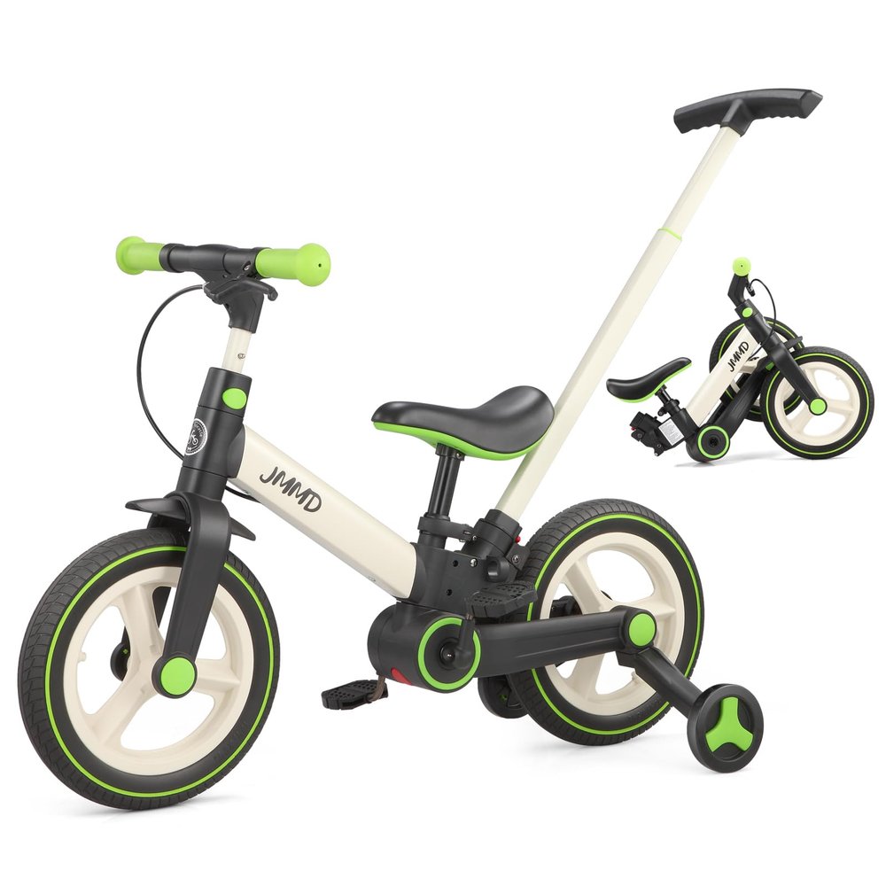 JMMD 6 in 1 Toddler Bike with Push Handle for Kids 18-60 Months, 12" Foldable Balance Bike with Training Wheels, Pedals, Brakes, Kickstand, Push Tricycle Toddler Gift & Toys for Boy & Girl