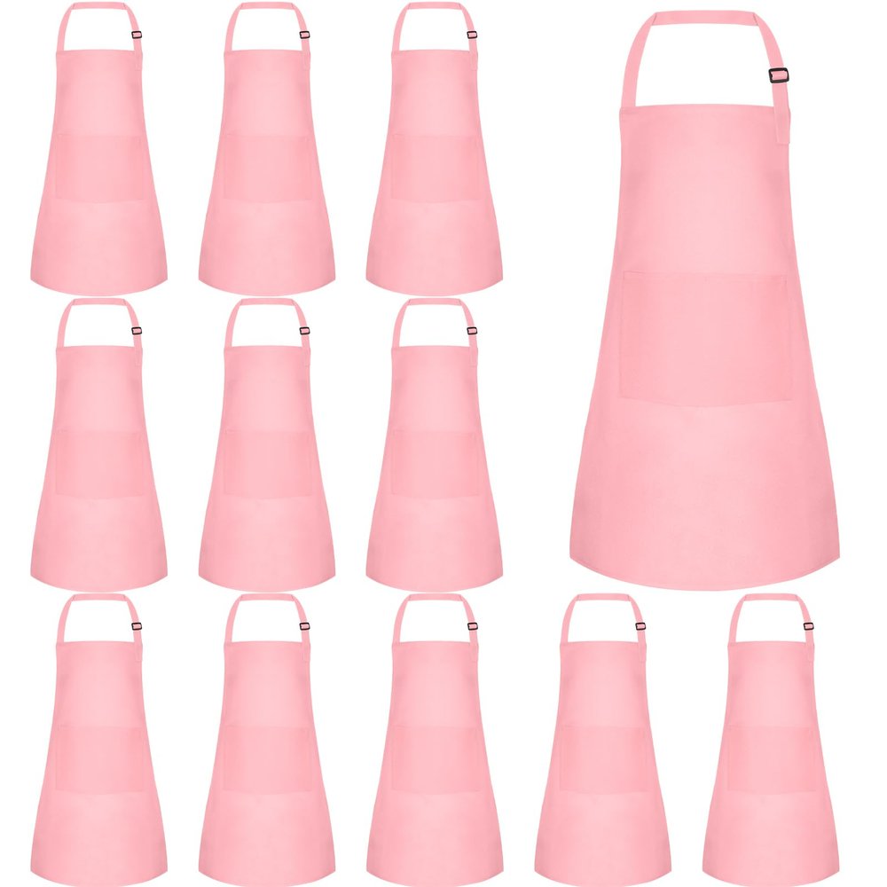 BOUBONI 12 Pack Kids Apron Bulk with 2 Pockets Adjustable Chef Art Apron Kids Painting Aprons for Cooking Baking Painting Crafting Grilling ActivityPink