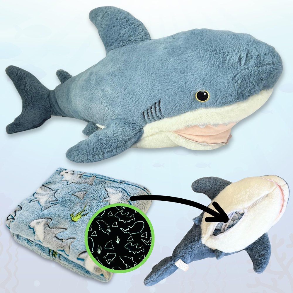 Shark 3-in-1 Plush with Glow-in-The-Dark Blanket - Lovable 29" Shark Pillow & Friend