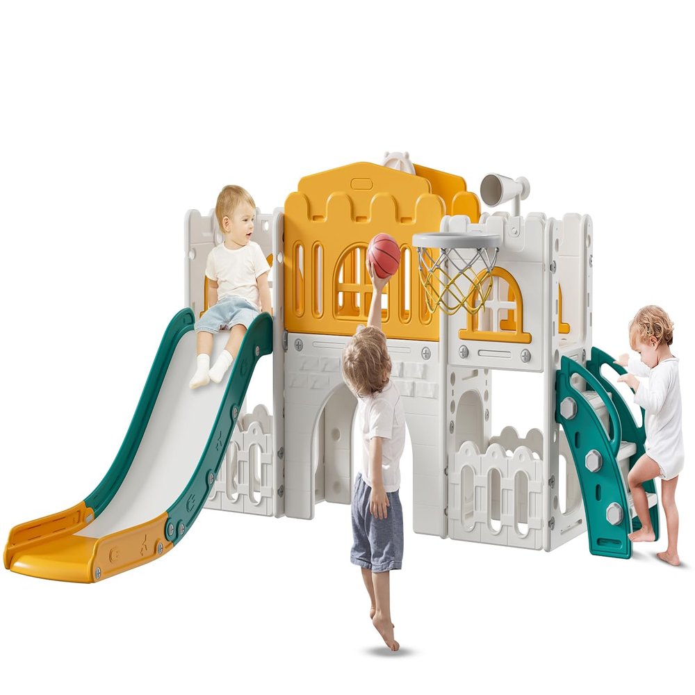 Baotree 9 in 1 Toddler Slide,Kids Slide Playset for Toddler,Indoor Outdoor Slide Toddler Playset with Ball & Hoop, Storage Space and Non-Slip Steps,Gift for Boys and Girls 1-6 Years (Green Orange)