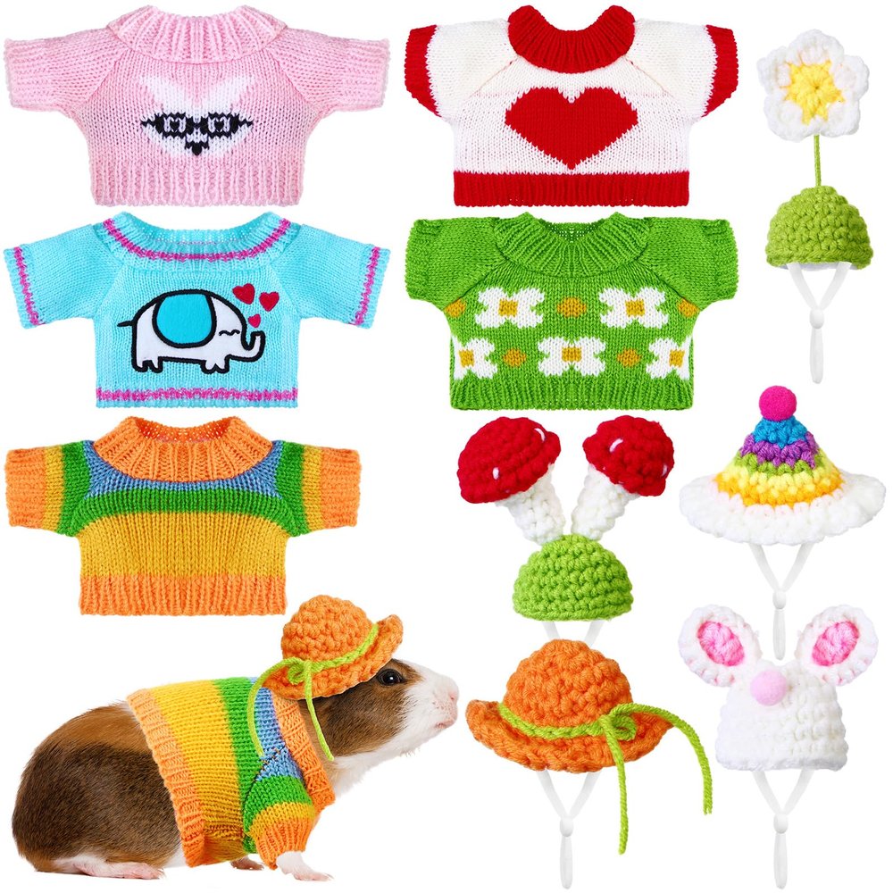 Clysee 10 Pcs Guinea Pig Clothes, 5 Guinea Pig Costume Outfit, 5 Mini Hat with Adjustable Strap Small Animal Warm Vest Sweater Cozy Hand Knitted Hat for Hamster Bunny(Cute Style)
